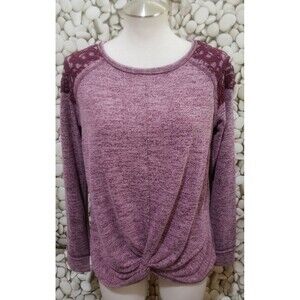 Rewind Top Large Twist Front Pink Crochet Lace Long Sleeve Rayon Blend Burnout